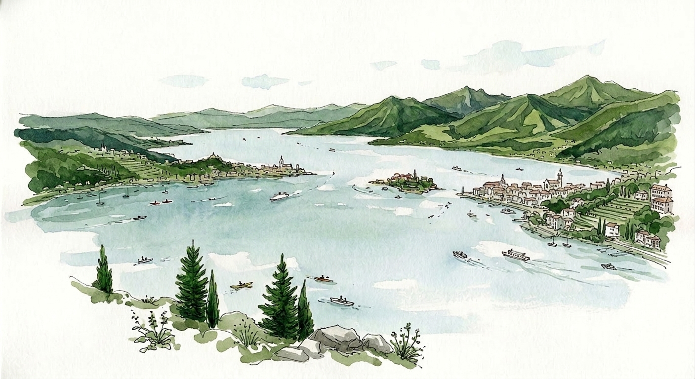 Watercolor illustration of Lake Maggiore
